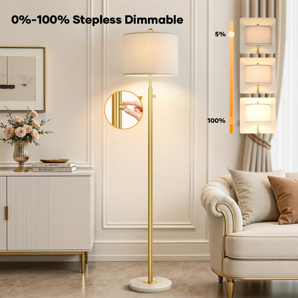 Upgraded】Dimmable Gold Floor Lamps for Living Room, 11W LED Bulb Included, Modern Standing Lamp with Marble Base, Tall Pole Light with…