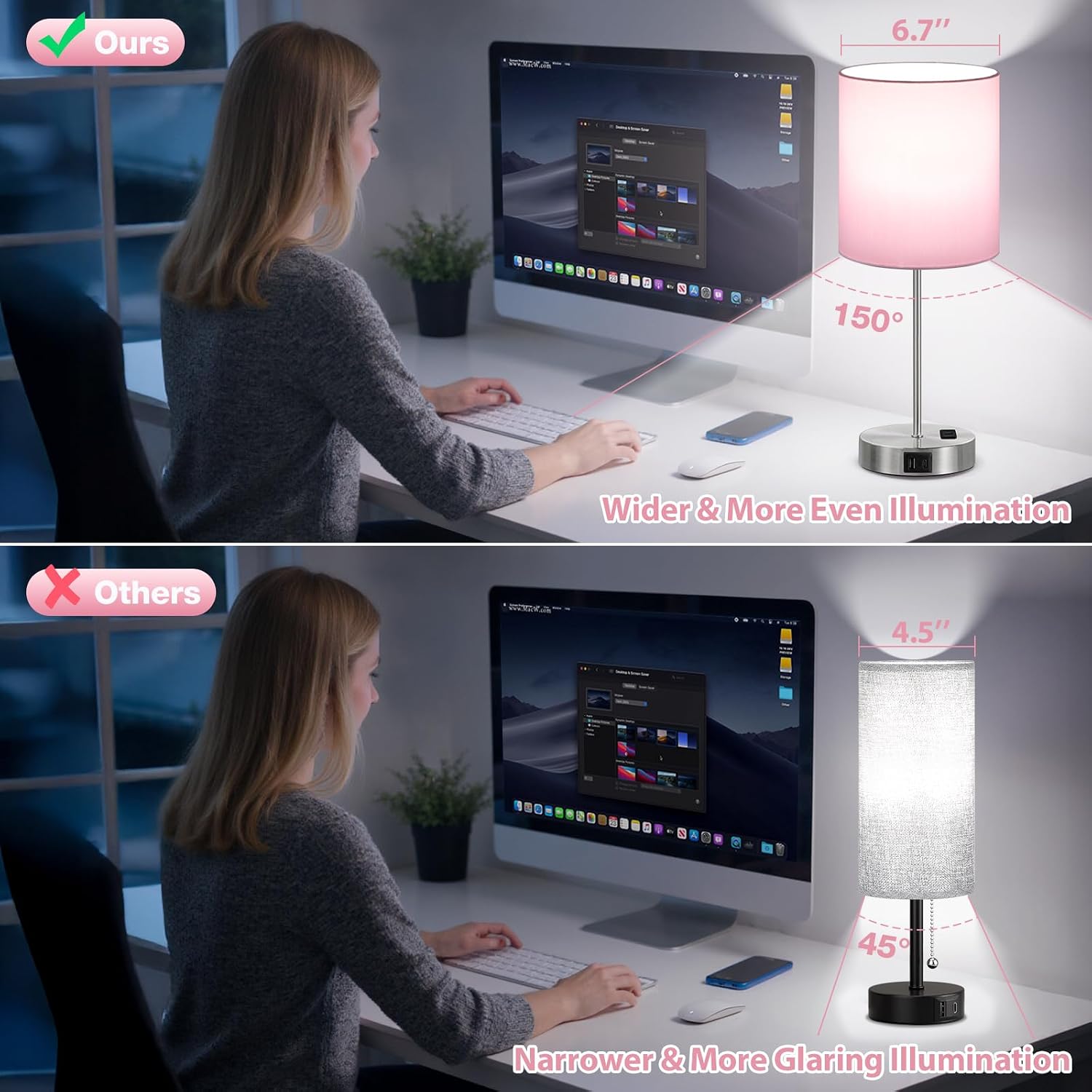 Fenmzeelighting Pink Touch Lamps for Nightstand Set of 2 - Bedside Table Lamp for Bedroom with Dual USB Ports & AC Outlet, 3-Way Dimmable L…