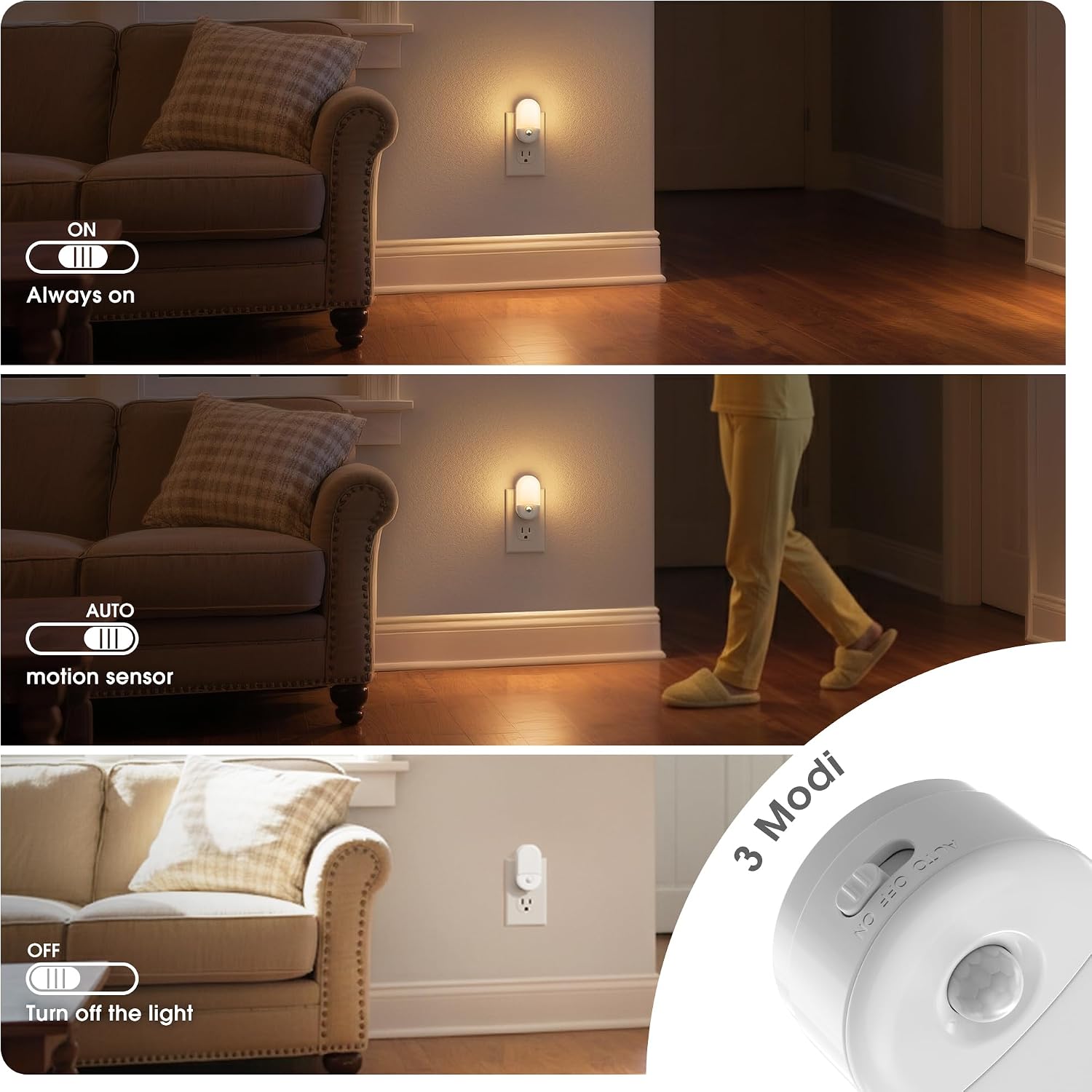 JandCase Motion Sensor Night Light, 2 Pack Motion Activated Night-Lights, 3000K Warm White LED Night Lights Plug into Wall, 30/60LM…
