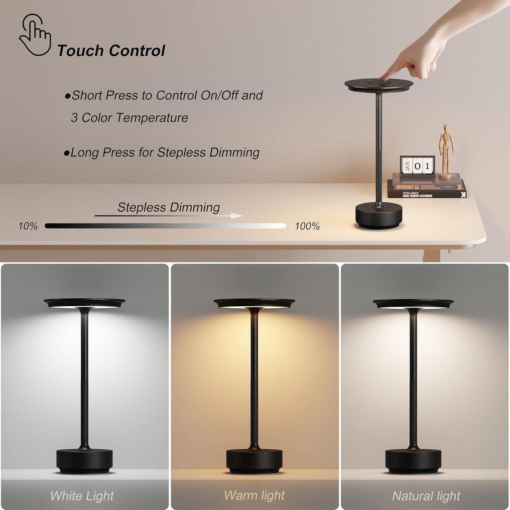 TBBGA 2 Pack Rechargeable Table Lamps Cordless, Portable 5000mAh Outdoor Table Light, 3 Color Stepless Dimming LED Table Lamp with Memory…