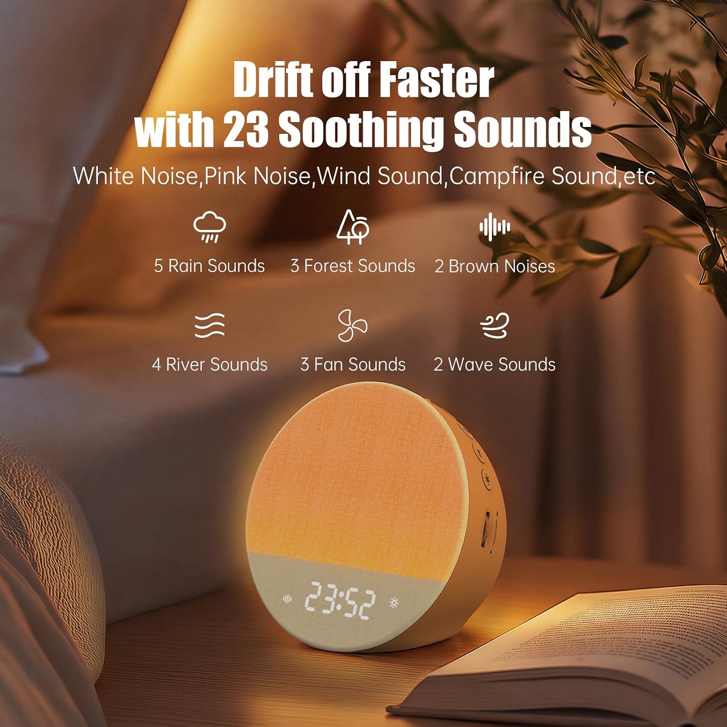 Alarm Clock Sound Machine Sleeping, Sunrise Digital Alarm Clocks Bedrooms, Loud Bluetooth Speaker Alarms Clock 23 White Noise Dual Alarms…