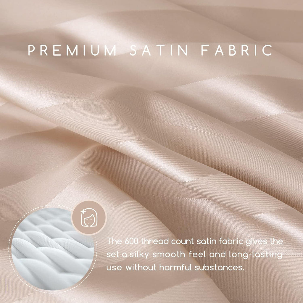 MR&HM Satin Bed Sheets, Full Size Sheets Set, 4 Pcs Silky Bedding Set with 15 Inches Deep Pocket for Mattress (Full, Champagne Striped…