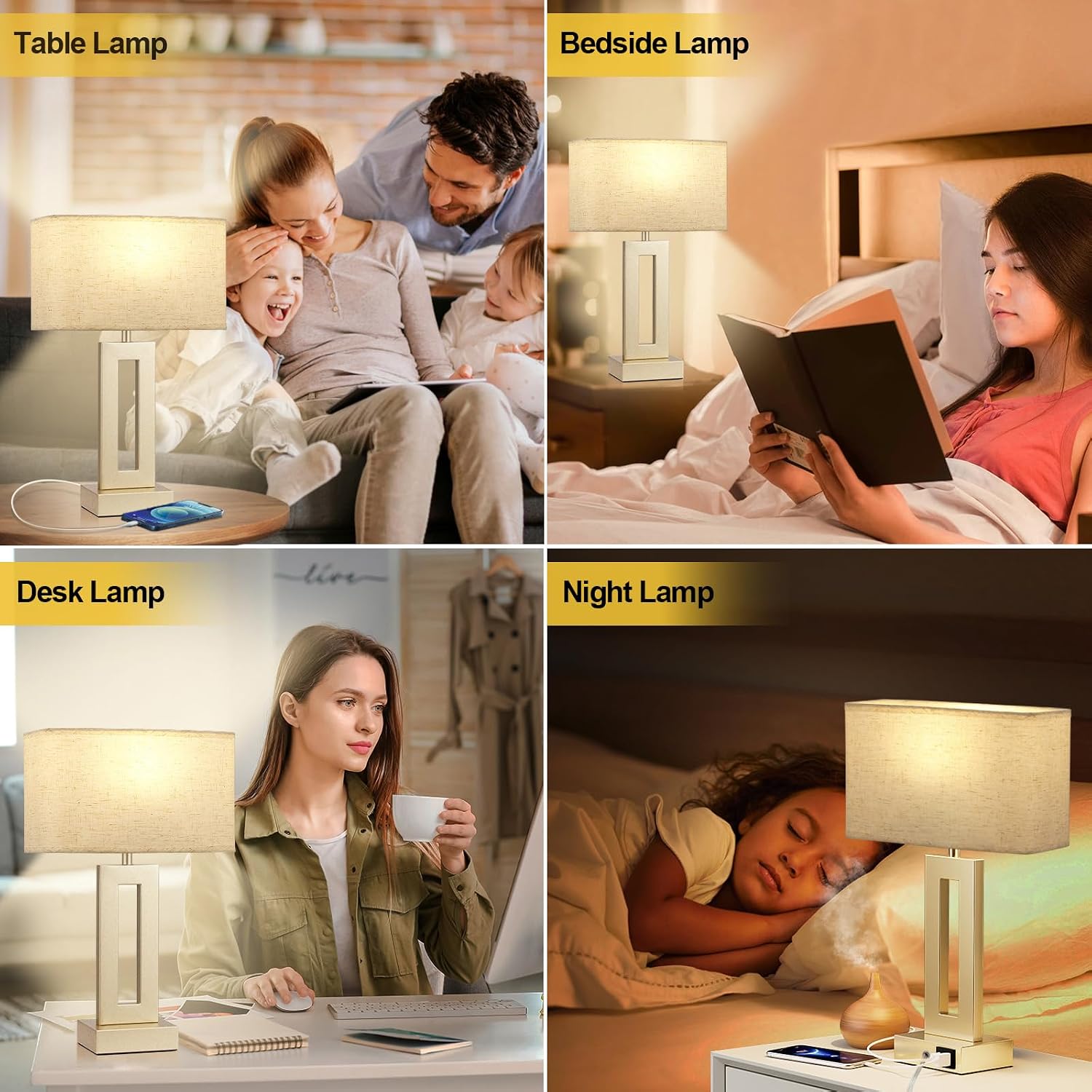 Seealle Bedroom Table Lamps Set of 2 - Beige Gold Touch Bedside Lamps with USB C+A, 3 Way Dimmable Gold Lamp for Nightstand, Modern Night…