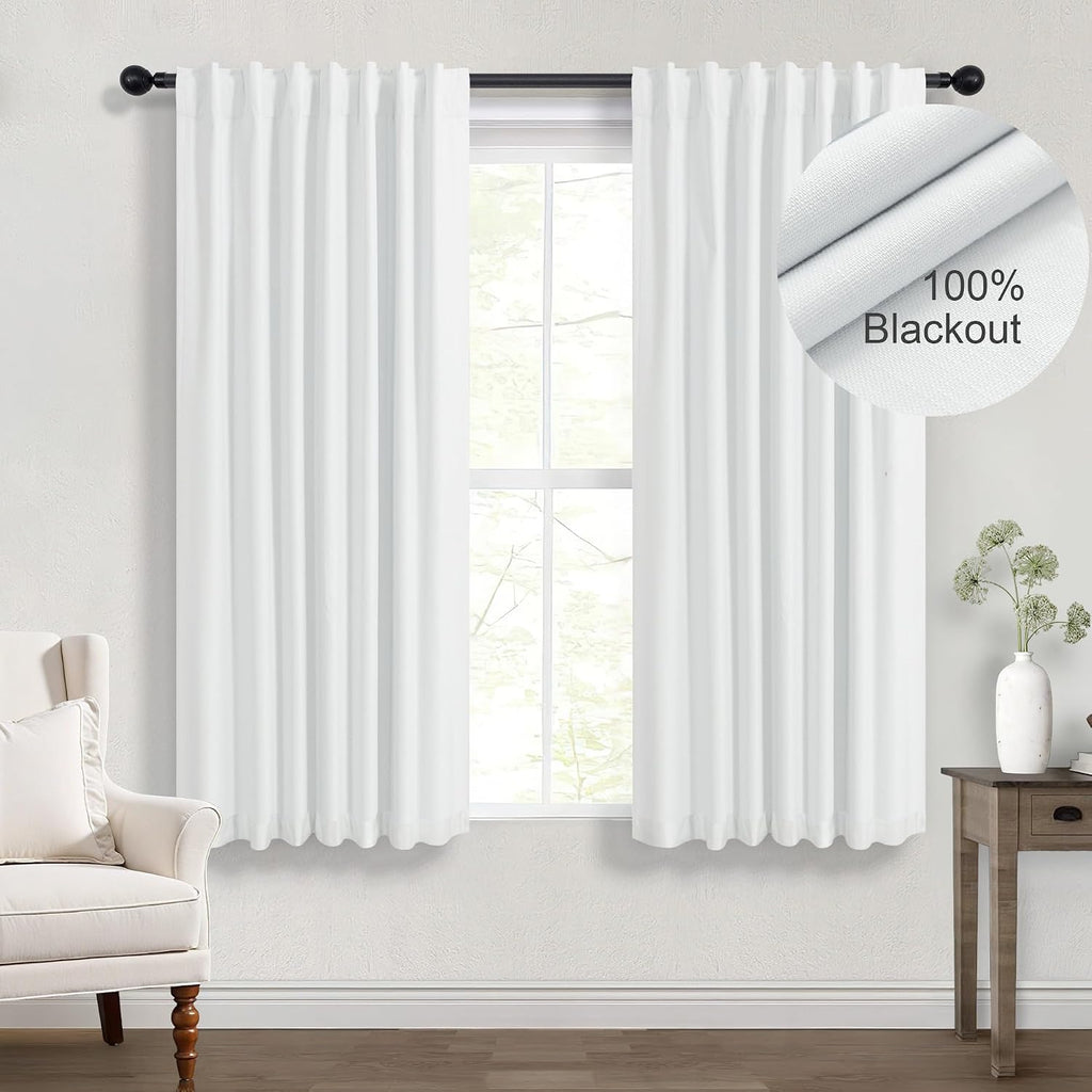 Dancurton White Black Out Curtains 54 Inch Long 2 Panel Elegant Short Summer Curtains for Living Room Thermal Insulated Cotton Linen Blacko…