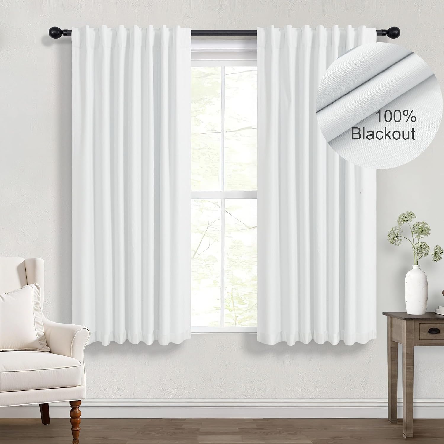 Dancurton White Black Out Curtains 54 Inch Long 2 Panel Elegant Short Summer Curtains for Living Room Thermal Insulated Cotton Linen Blacko…