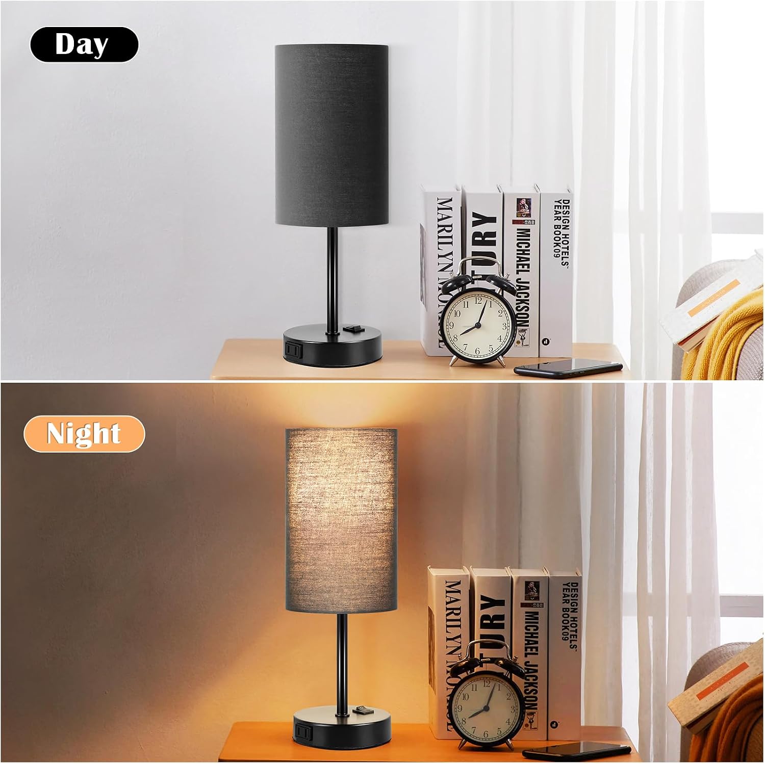 ZJOJO Table Lamp for Bedroom Set of 2, Bedside Small Lamps with 3 Way Dimmable Rocker Switch and AC Outlet, Nightstand Desk Lamp with…