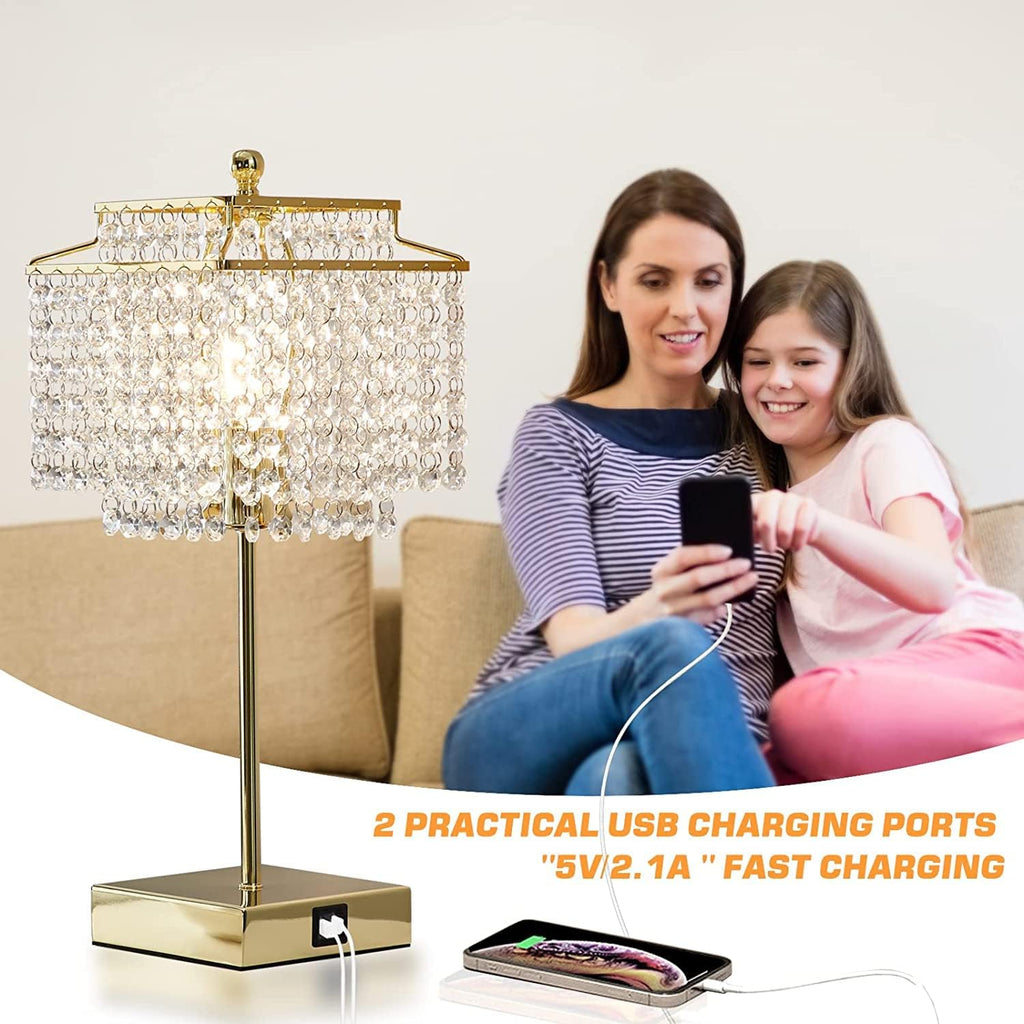 Luvkczc Set of 2 USB Bedside Crystal Table Lamp Gold, Touch Control Lamp, Dimmable Lamp with Crystal Shade for Bedroom, Living Room, 6W…