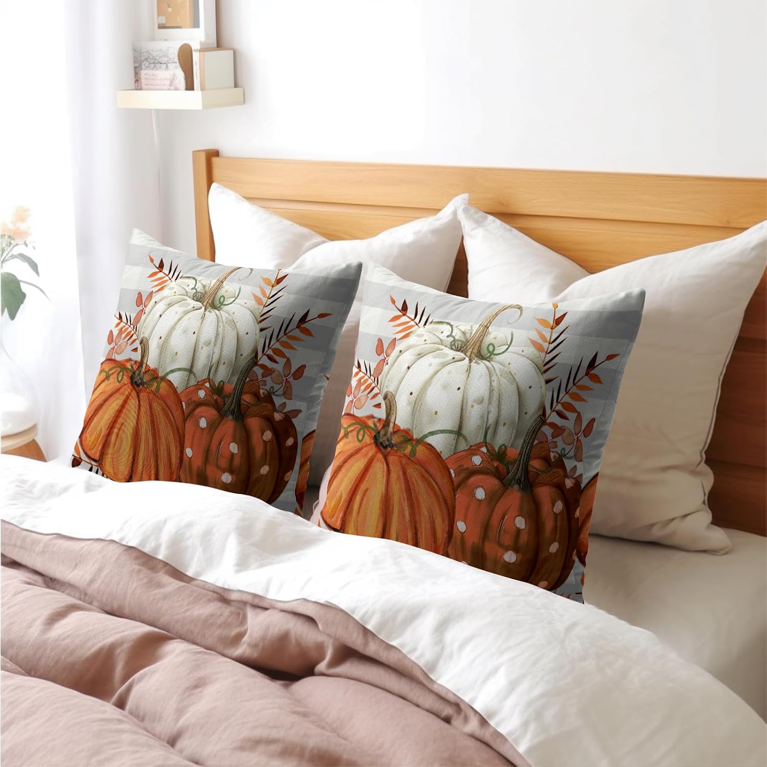 Fall Pumpkins Outdoor Pillows 20x20 Inch Set of 2 Autumn Harvest Pumpkin Pillowcase Buffalo Plaid Maple Leaves Decorative Throw Cushion…