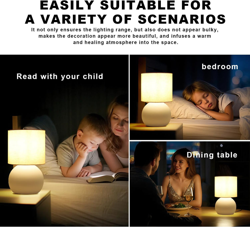 Modern White Small Table Lamp with Cotton Linen Shade, 10.4-inch LED Desk Light, One-Button Switch for Bedroom, Living Room, Nightstand…
