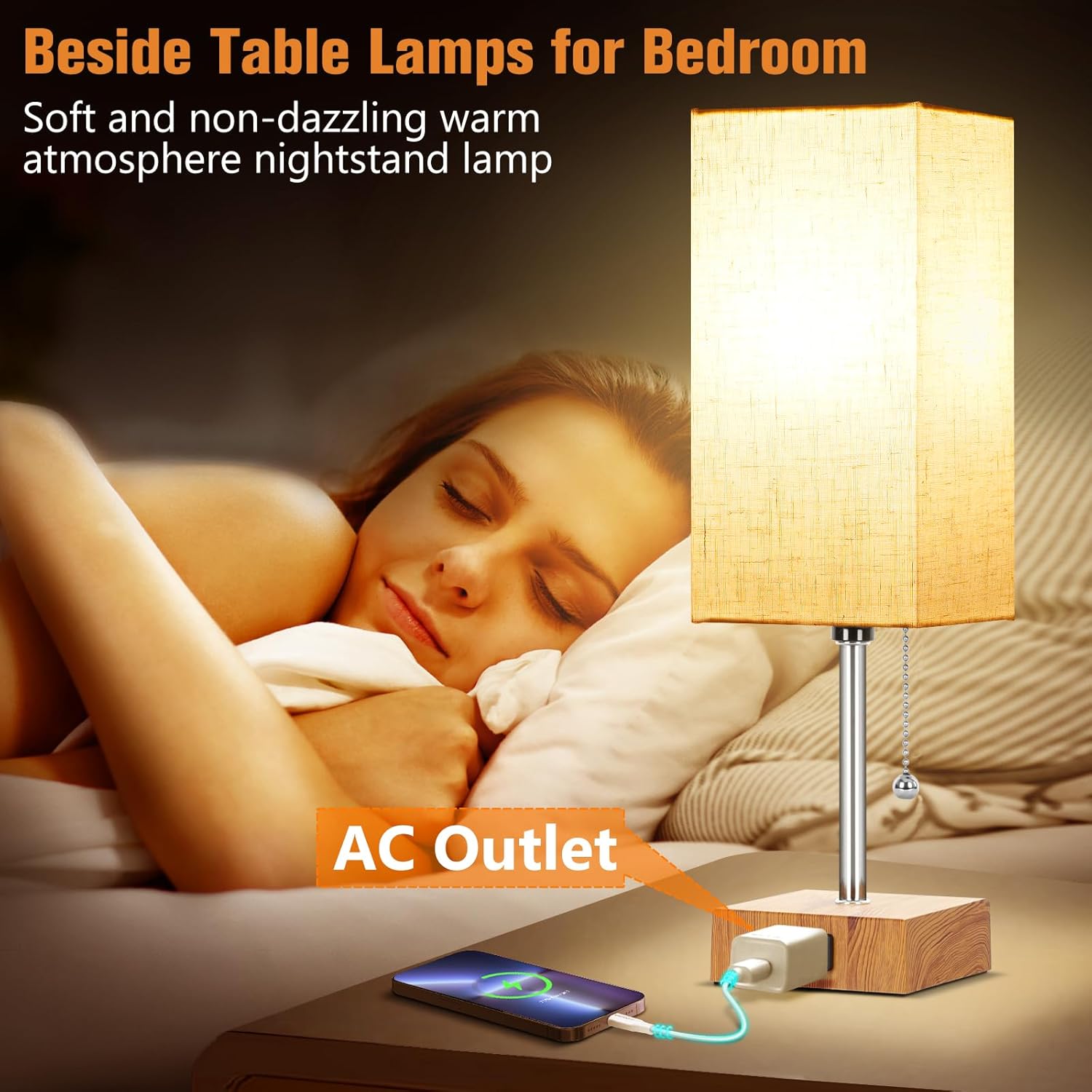 PLMMY Bedside Table Lamps for Bedroom Nightstand, Bedroom Lamp with 3 Color Temperatures Nightstand Lamps Set of 2 with AC Outlets…