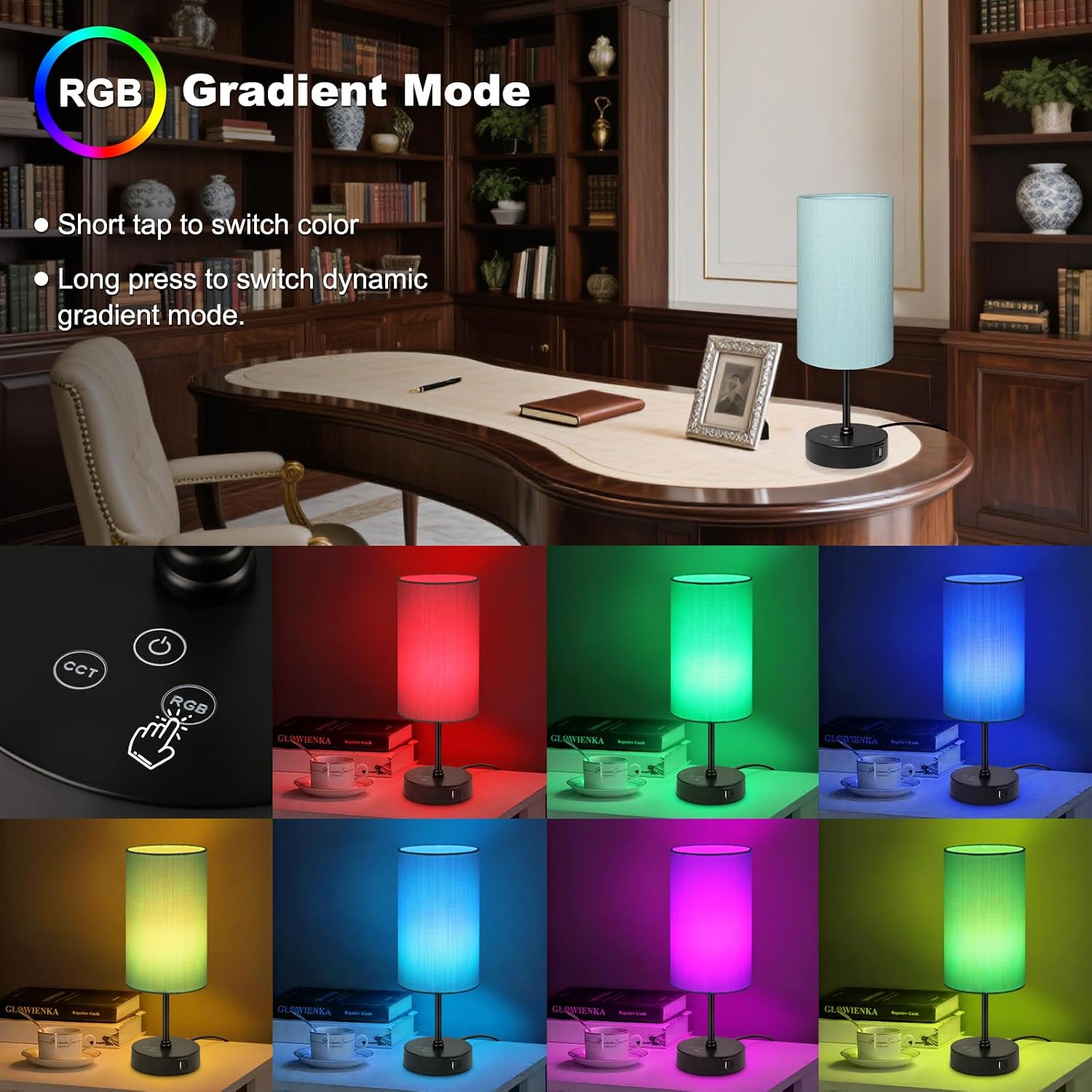 Unicozin Table Lamp for Bedroom, 3 Color Temperatures, 7 RGB Colors, Adjustable Brightness, Dual USB Charging Ports, Ambience Nightstand…