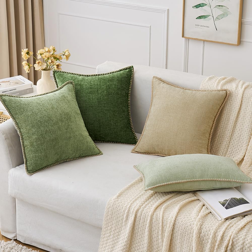 Miulee Pack of 2 Euro Sham Pillow Covers 26x26 Inch Moss Green Farmhouse Decorative Throw Pillow Covers with Stitched Edge Soft Chenille Pi…