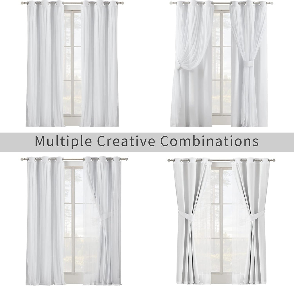 Bujasso White Full Blackout Curtain Panels with Sheer Overlay Mix and Match Double Layer Thermal Insulated Window Treatment Set for Living…