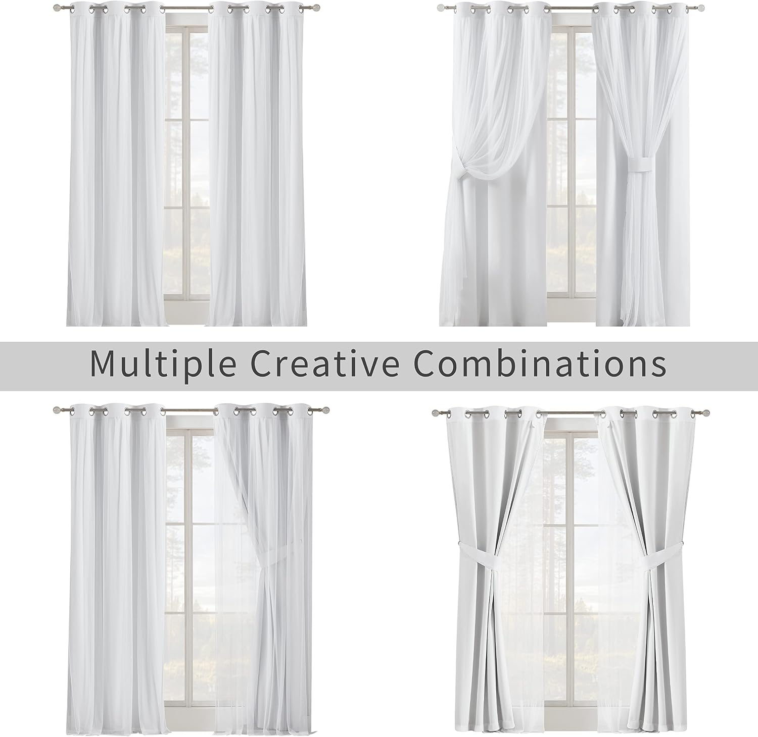 Bujasso White Full Blackout Curtain Panels with Sheer Overlay Mix and Match Double Layer Thermal Insulated Window Treatment Set for Living…