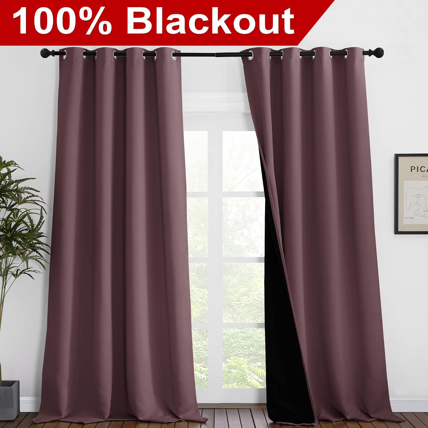 Nicetown Room Warming Thermal Insulated 100% Blackout Curtains, Sound Proof Drapes with Black Backing, Full Light Blocking Panels for Patio…