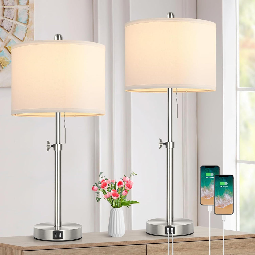 Kondras Table Lamp Set of 2 for Bedroom, Bedside Lamp with 2 USB Ports, 23" to 30" Height Adjustable Tall Table Lamp for Living Room End…
