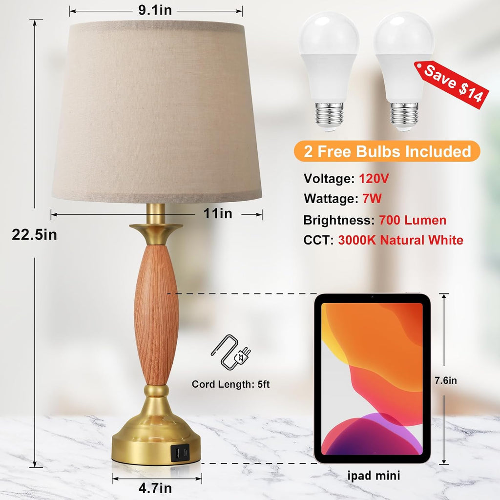 Seealle Touch Lamps for Nightstand - Bedroom Lamps Set of 2 with USB C+A, 3 Way Dimmable Contemporary Metal Wood Table Lamps for Living Room