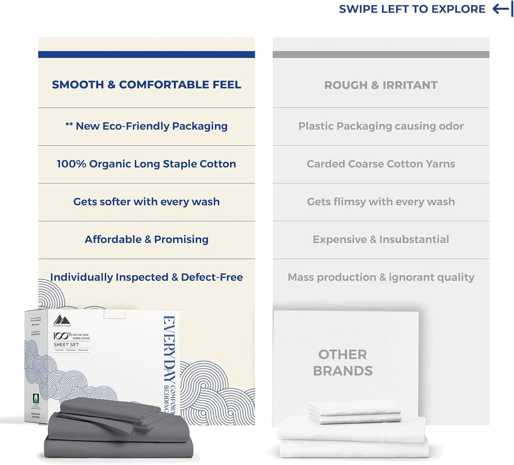 Mayfair Linen 100% Organic Cotton Sheets Twin XL Size - 3 PC Organic Cotton Twin XL Size Percale Weave Sheet Set, Soft, Cooling, Crisp &…