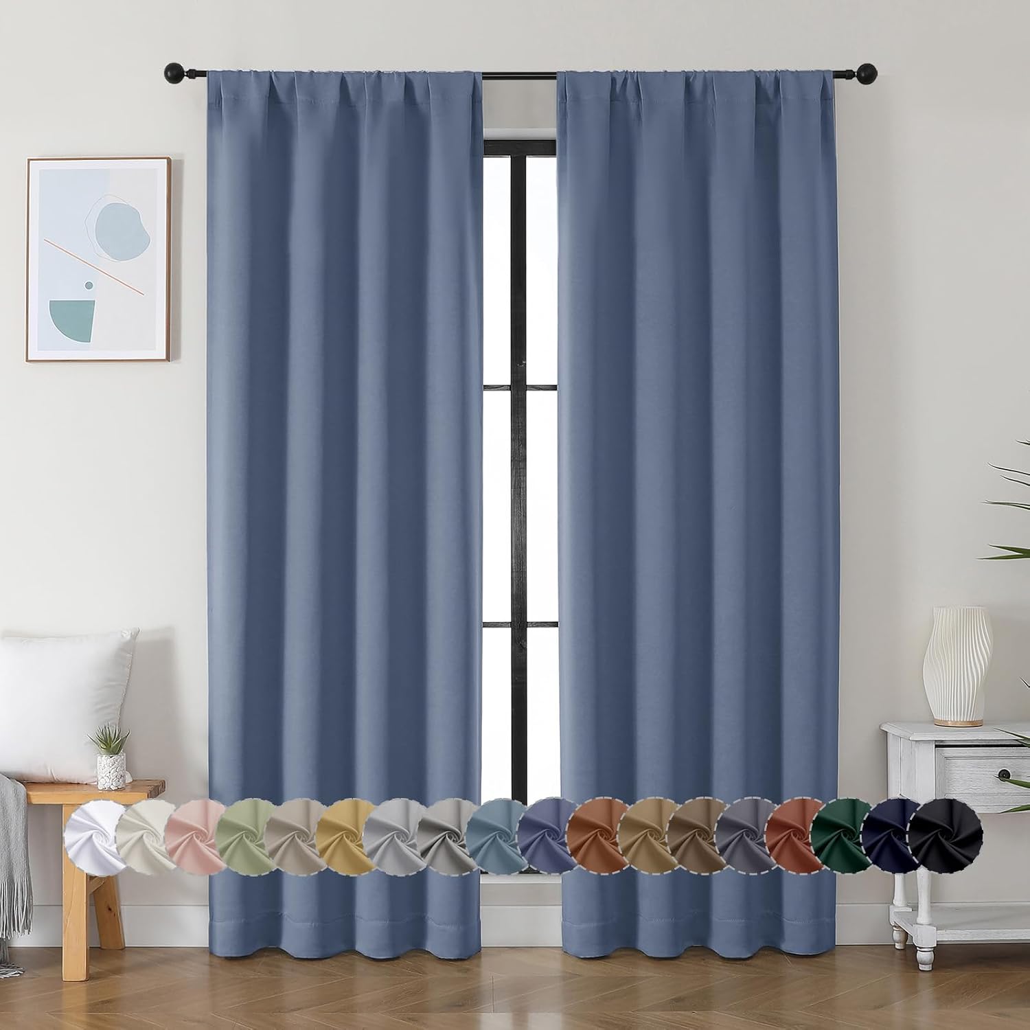 Simplebrand Ava Denim Blue Blackout Curtains for Bedroom 84 Inch Length 2 Panels Set, Solid Thermal Insulated Privacy Living Room Window Tr…