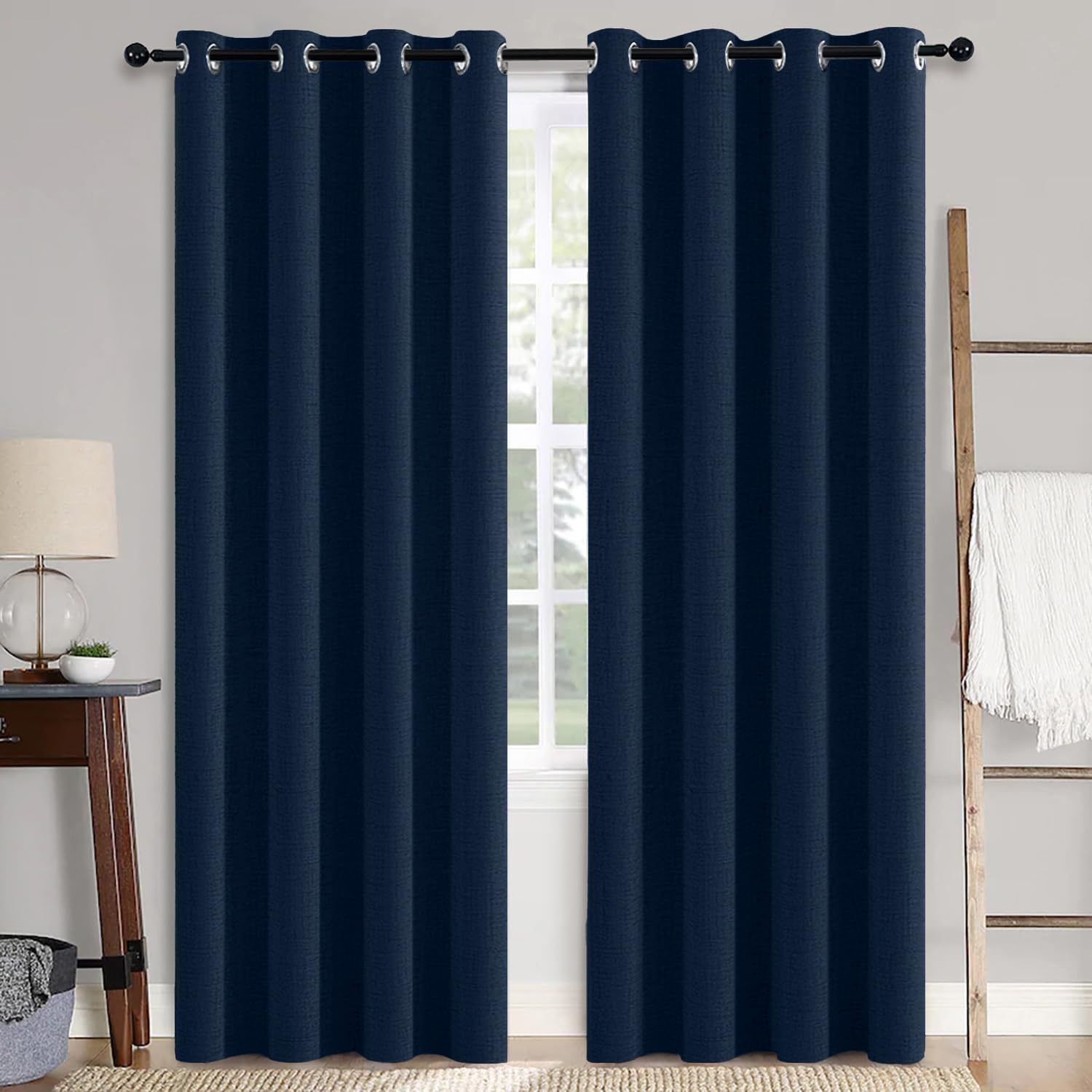 Miulee 100% Blackout Linen Textured Curtains for Bedroom Solid Thermal Insulated Midnight Blue Grommet Room Darkening Curtains & Drapes Lux…