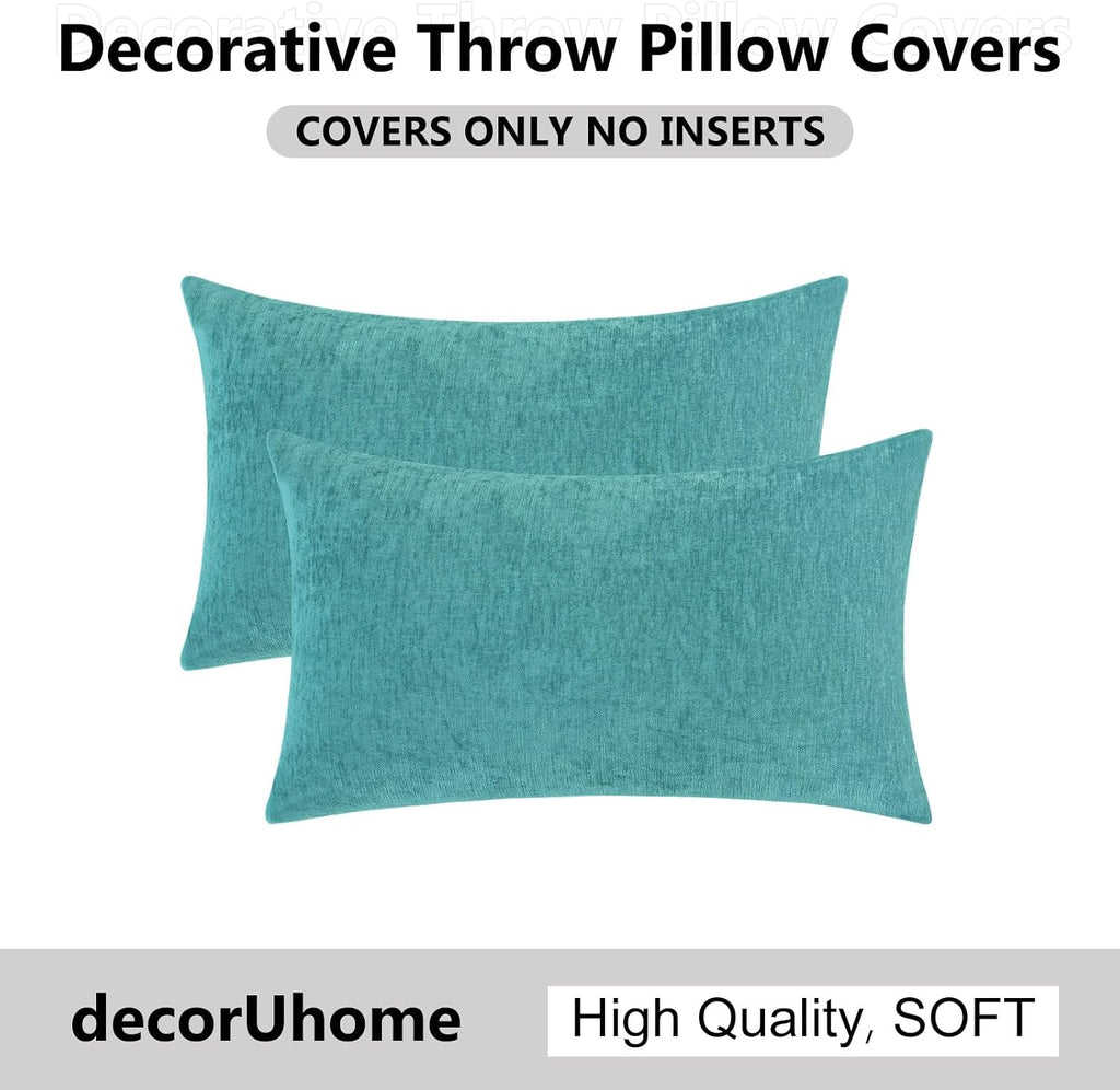 decorUhome Chenille Turquoise Summer Throw Pillow Covers 12x20 Inch Set of 2, Decorative Soft Couch Pillow Covers Solid Dyed Accent Farmhou…