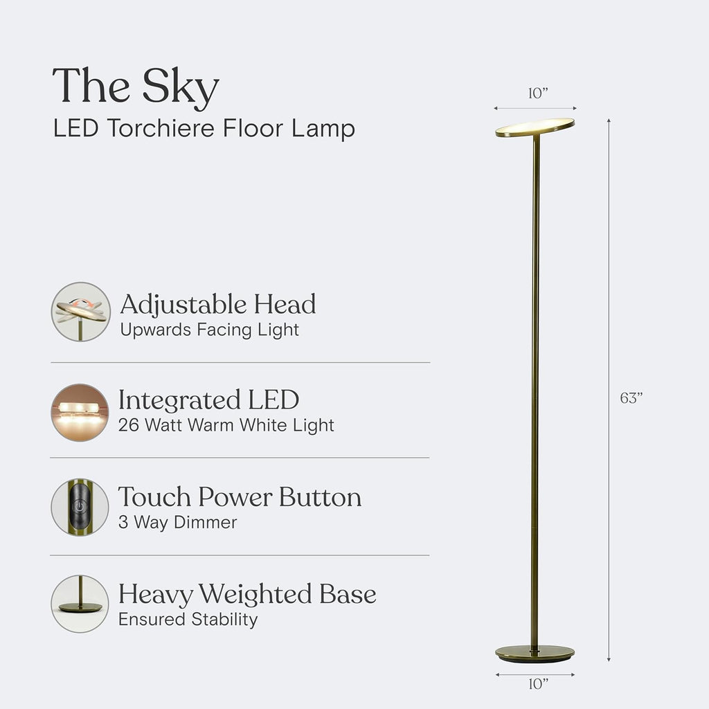 Brightech Sky LED Floor lamp, Torchiere Super Bright Floor Lamp for Living Room Decor & Office - Dimmable, Tall Standing Lamp with Warm…