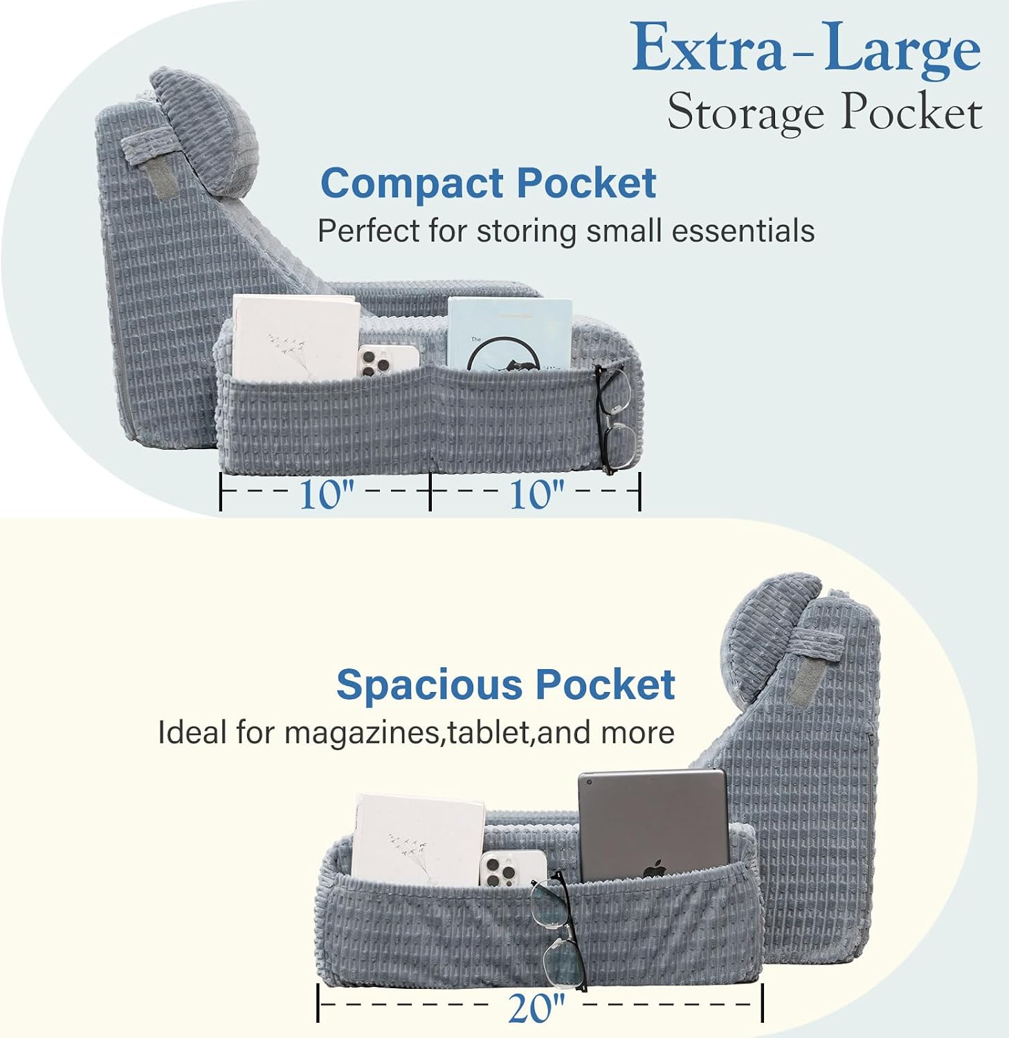 Reading Pillow for Bed, 19" Back Pillow for Bed Sitting up, Big Pockets & Built-in Arms, Backrest Cushion, Wedge Support for…