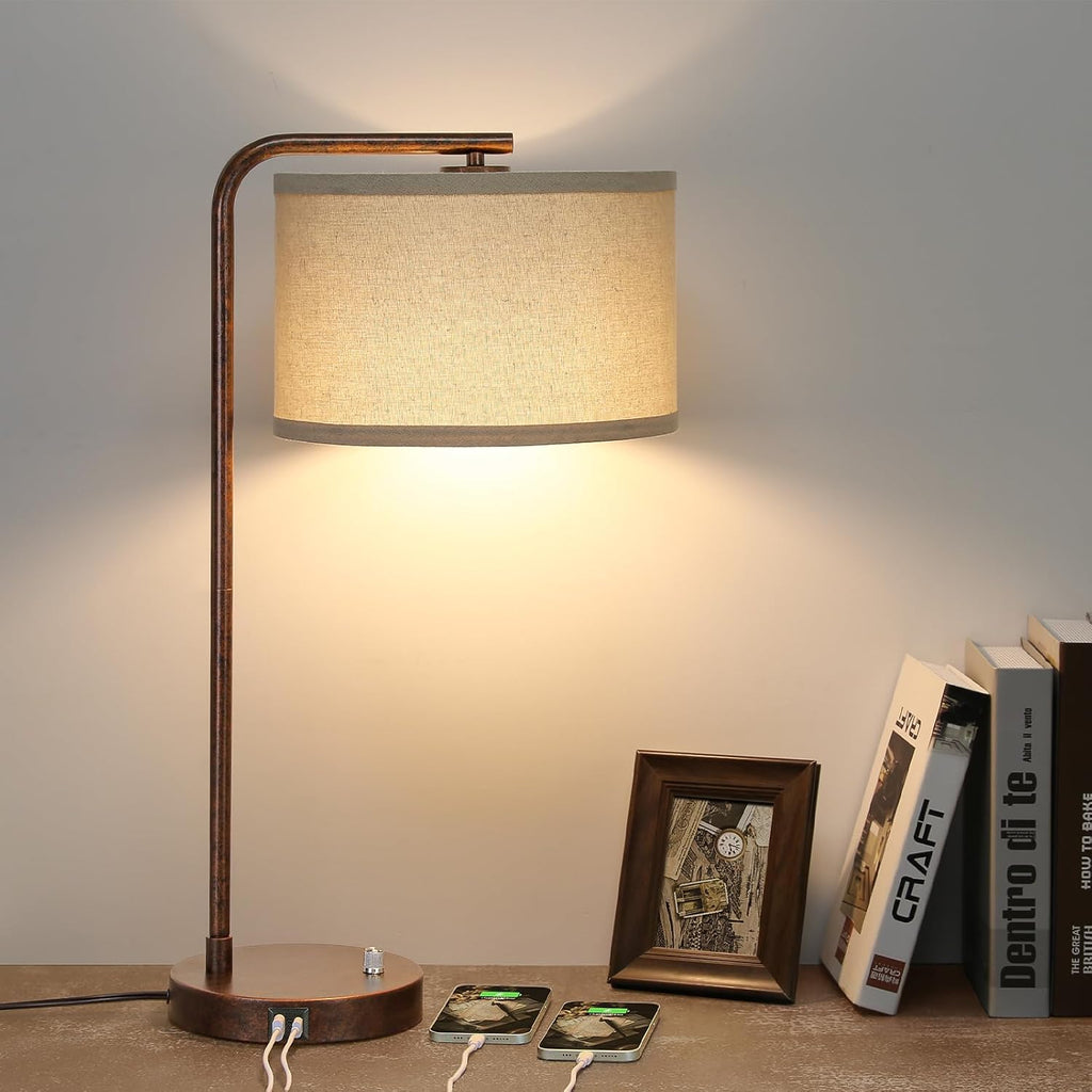 Vintage Table Lamp, Fully Dimmable Table Lamp with C+A USB Charging Ports, Farmhouse Bedside Lamp Nightstand Light, Tall Reading Desk…