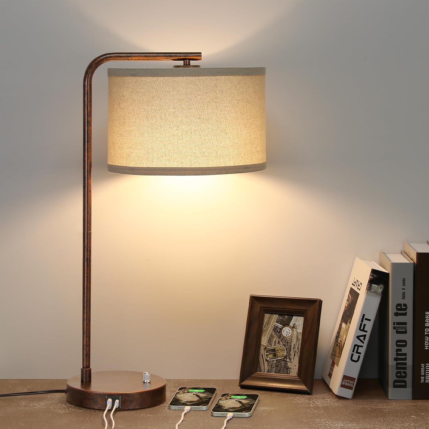 Vintage Table Lamp, Fully Dimmable Table Lamp with C+A USB Charging Ports, Farmhouse Bedside Lamp Nightstand Light, Tall Reading Desk…