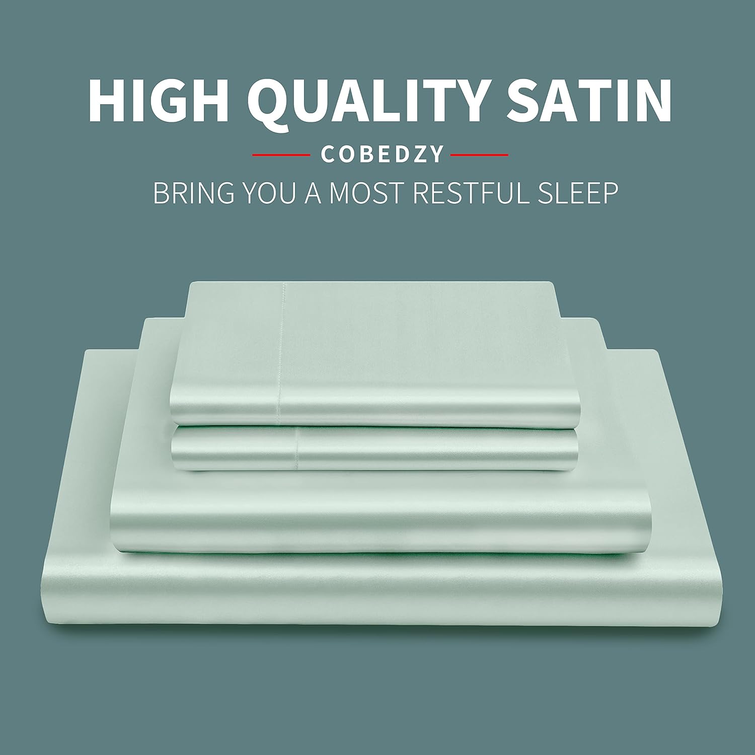 Cobedzy 4 Pcs Mint Green Satin Sheets Full Size Silky Satin Bedding Sheets Set with 1 Deep Pocket Fitted Sheet, 1 Flat Sheet, 2 Pillowcases…