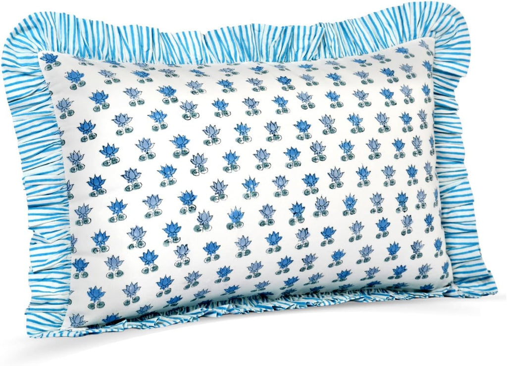 Cottonprintclub CPC Hand Block Print Arctic Blue Ruffle Sham Pillow Cover 20" x 12" inch Hidden Zipper Decorative Pillowcase for Couch, Bed…