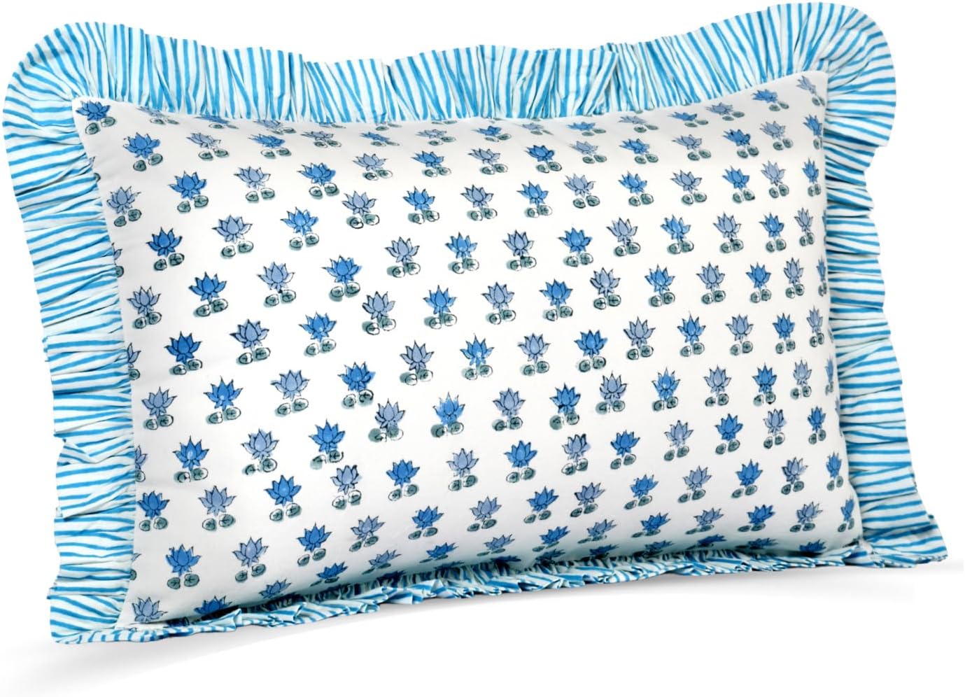 Cottonprintclub CPC Hand Block Print Arctic Blue Ruffle Sham Pillow Cover 20" x 12" inch Hidden Zipper Decorative Pillowcase for Couch, Bed…
