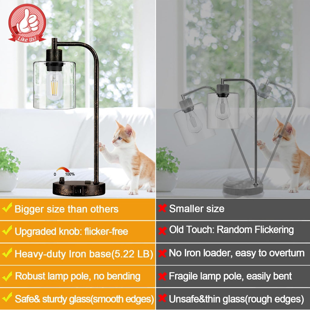 Set of 2 Industrial Table Lamps with USB Port, Rustic Black Fully Stepless Dimmable Bedside Lamps for bedrooms, Nightstand Desk Lamps…