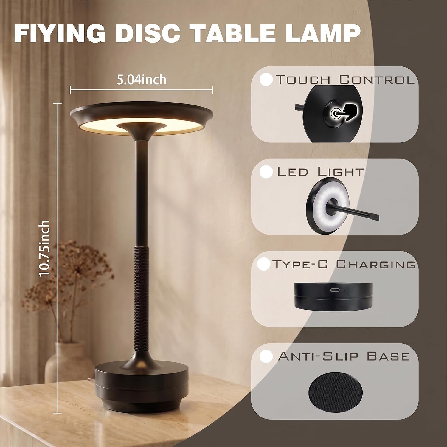 Rechargeable Cordless Table Lamp Set of 2, Portable Battery Operated LED Table Light, 3 Color Stepless Dimming with Touch Sensor for…