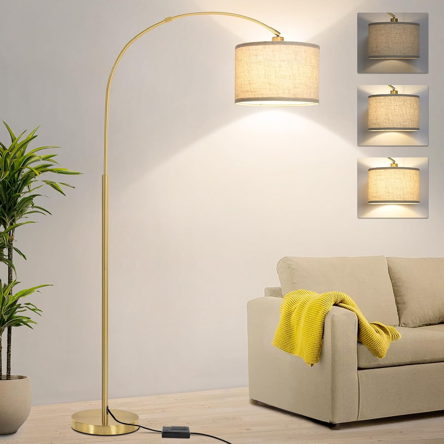 Gold Arc Floor Lamp, Dimmable Floor Lamp for Living Room, Mordern Standing Light with Adjustable Lamp Head, Tall Pole Lamp Over Couch…