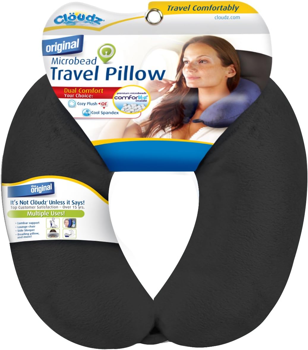 Cloudz Dual Comfort Microbead Airplane Travel Neck Pillow. Super Soft Cozy Plush Fabric on One Side, Cool Relaxing Spandex on The Other!…