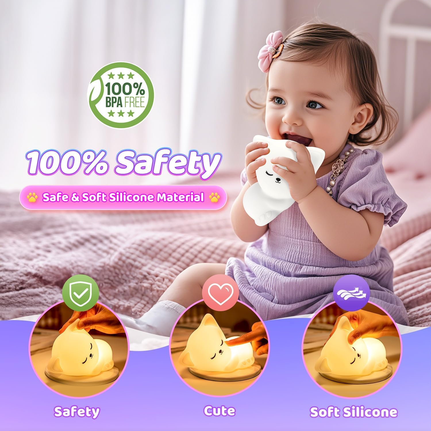 Night Light for Kids,16 Colors Cat Lamp Cute Lamp, Dimmable Baby Night Lights for Nursery, Silicone Rechargeable Nightlight for Kids…