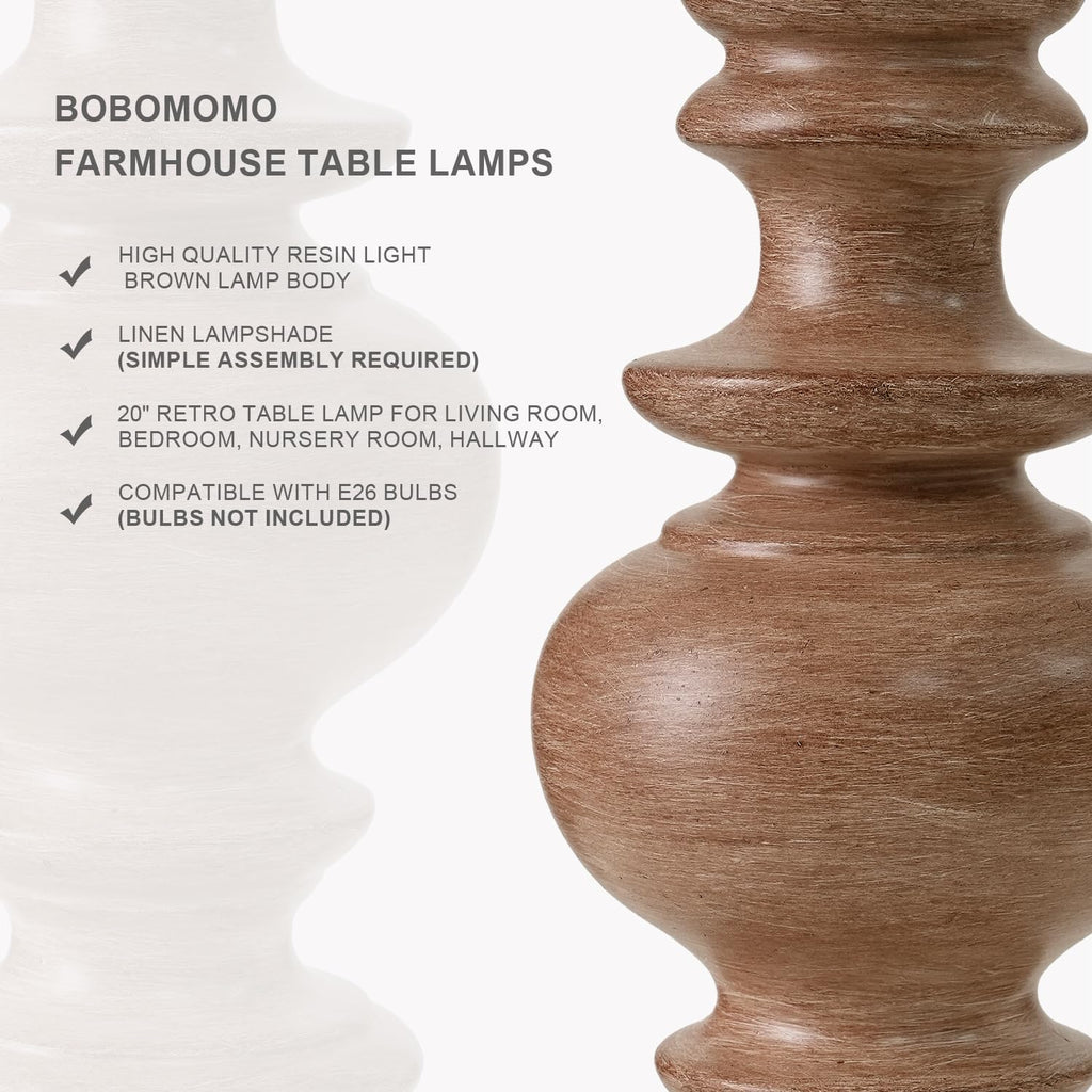 BOBOMOMO 20" Rustic Bedside Lamps Set of 2- Vintage Resin Table Lamps for Nightstands with Linen Shades, Farmhouse Lamps for Living Room…