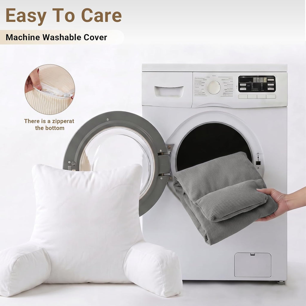 Reading Pillow for Bed with Detachable Neck Roll and Shredded Memory Foam, Back Pillow with Arms for Sitting Up, Washable Bed Rest Pillow…