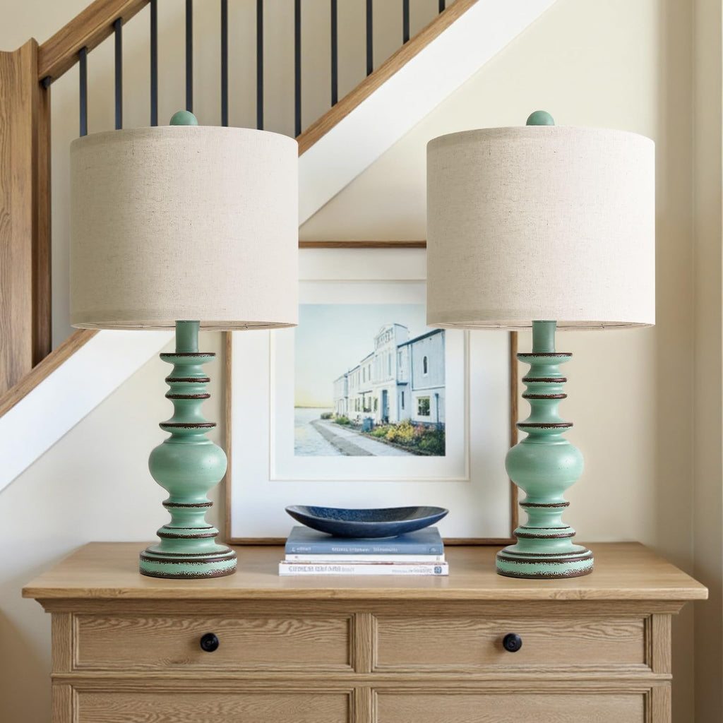 BOBOMOMO 20" Distressed Teal Bedside Lamps Set of 2, Hand-Painted Vintage Resin Lamps with Linen Shades, Cottage Farmhouse Lamp for…