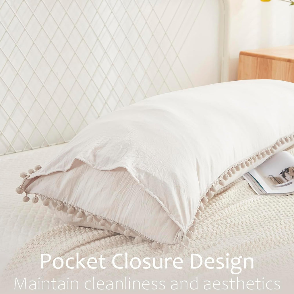 Moveover Beige Body Pillow Cover 20x54 inches Long Pillowcases Pom Poms Fringe Design Boho Body Pillow Cover with Pocket Closure