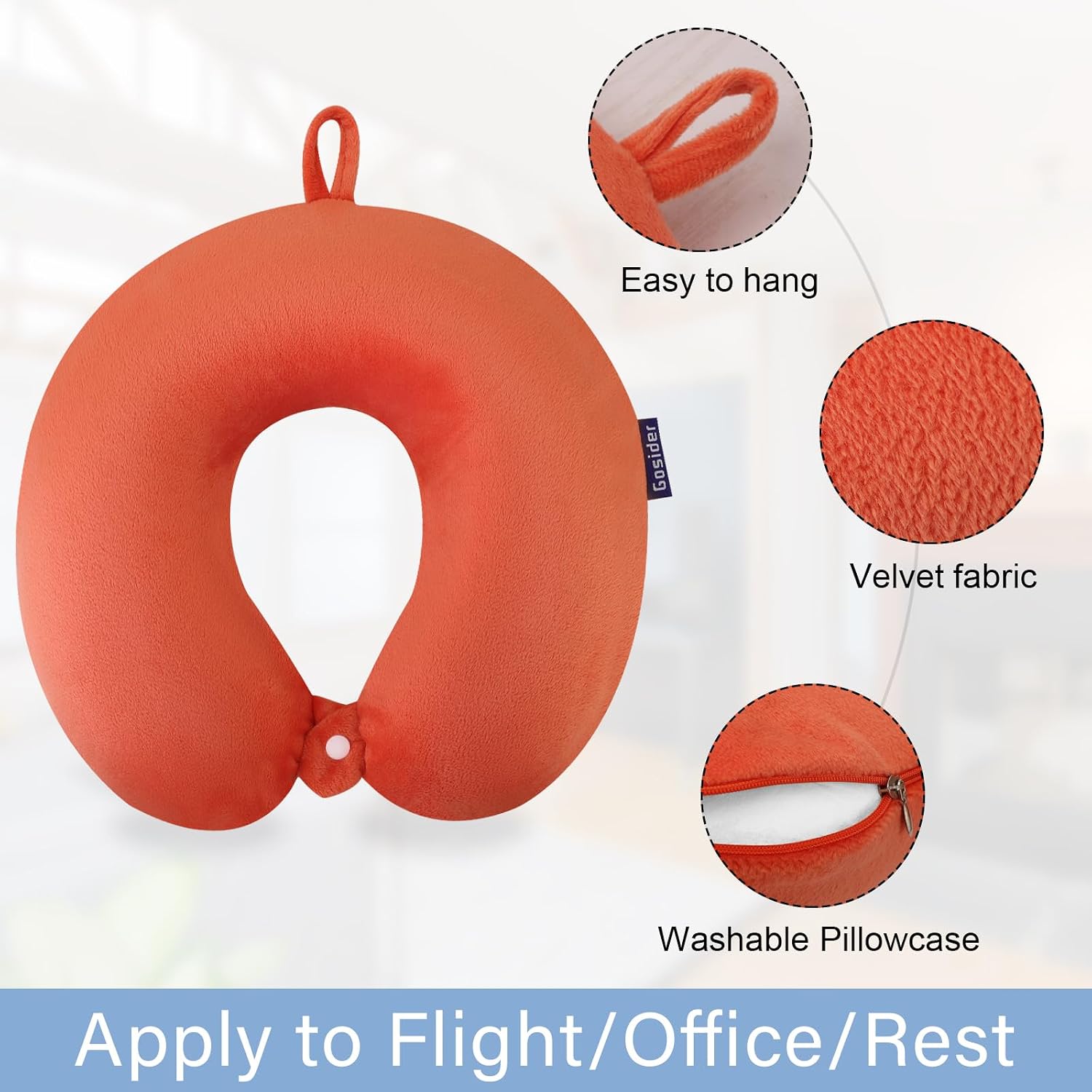 Gosider Orange Memory Foam Velvet Travel Neck Pillow for Airplane Car Train 3.94inch