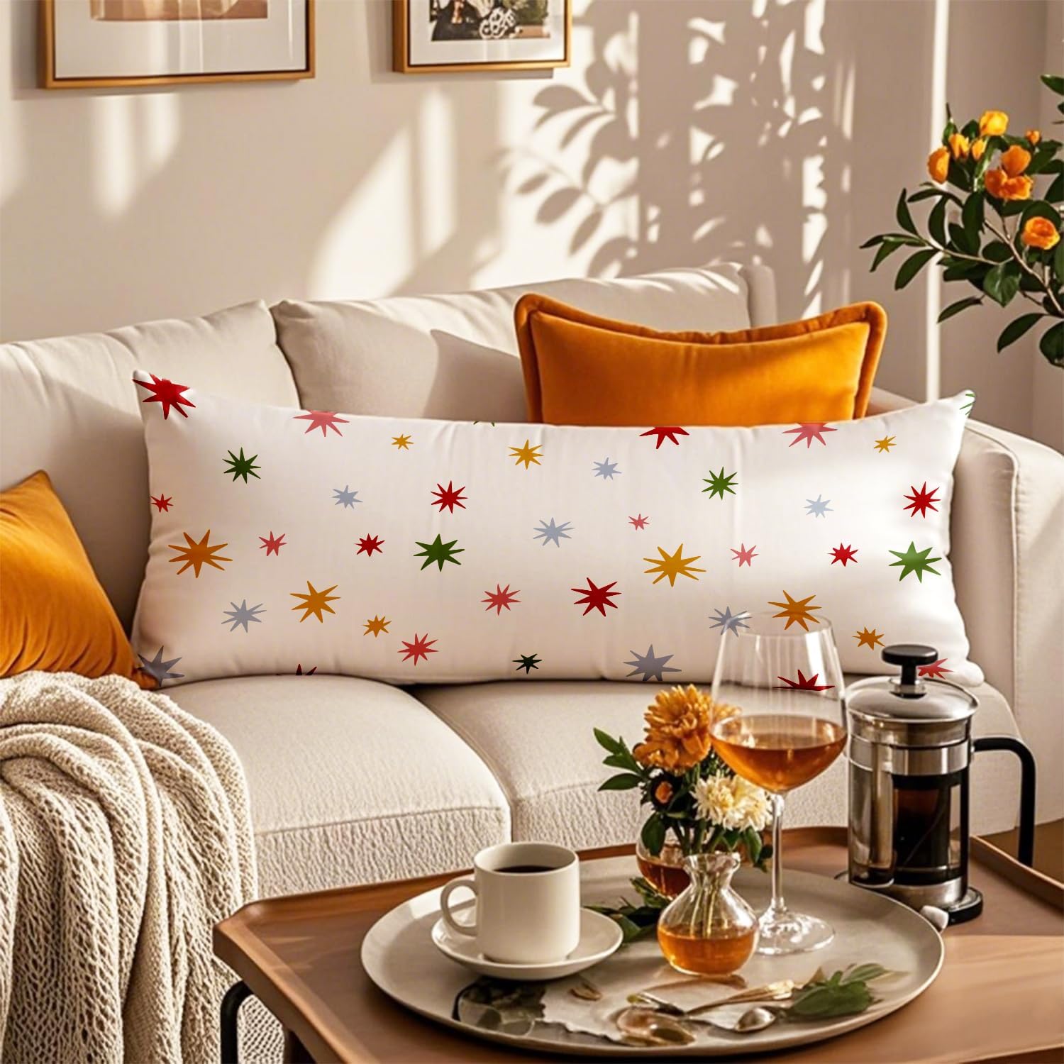 Boho Colorful Stars 20x54 Body Pillow Cover, Mid Century Modern Decorative Long Body Pillow Cases for Kids Girls Room Bedroom Dorm Bed Couch