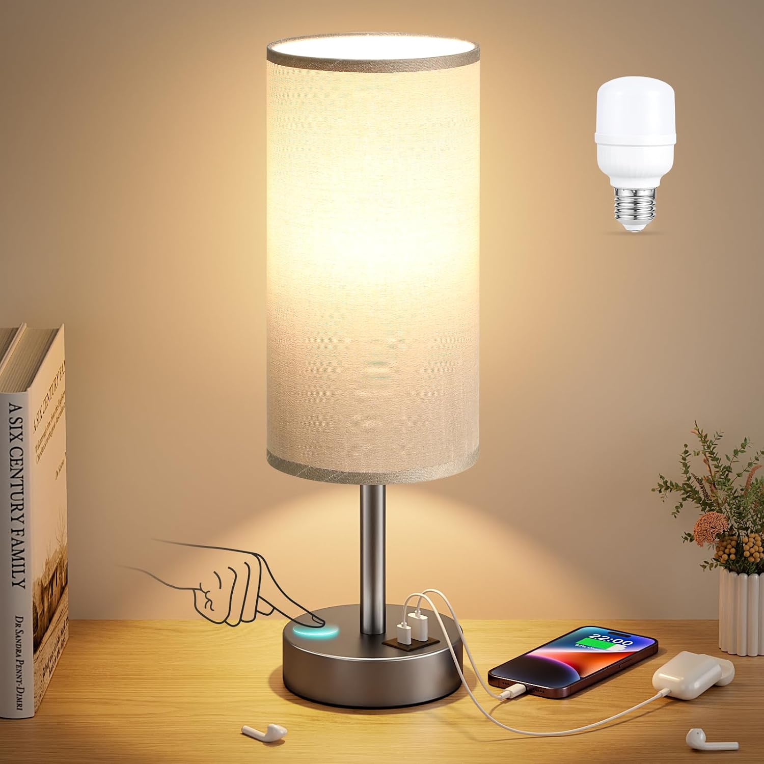 Dicoool Small Touch Bedside Lamp with USB - 3 Way Dimmable Grey Table Lamp for Bedroom, Nightstand Lamp with Charging Station for Desk…