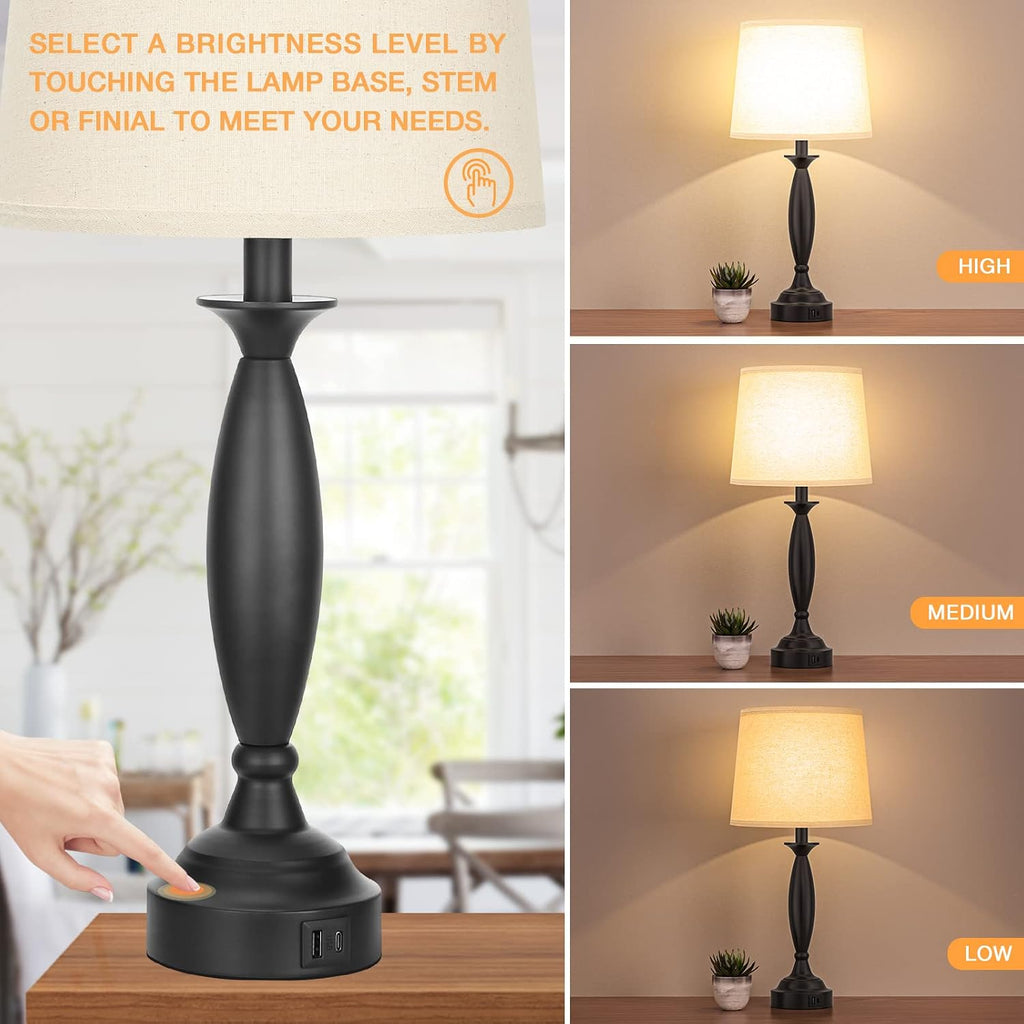 Seealle Beige Lamps for Bedrooms Set of 2 - Touch Control Bedside Lamp with USB C+A, 3 Way Dimmable Nightstand Lamps with USB Port, Table…