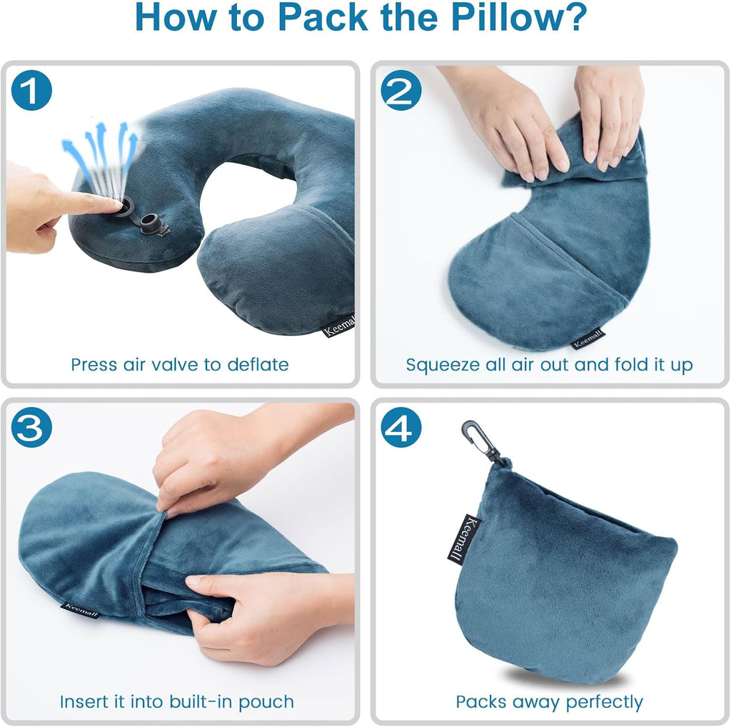 Keemall 2Pack Inflatable Travel Neck Pillow for Airplane Train Car Washable Pillowcase U Shaped Office Napping Pillow