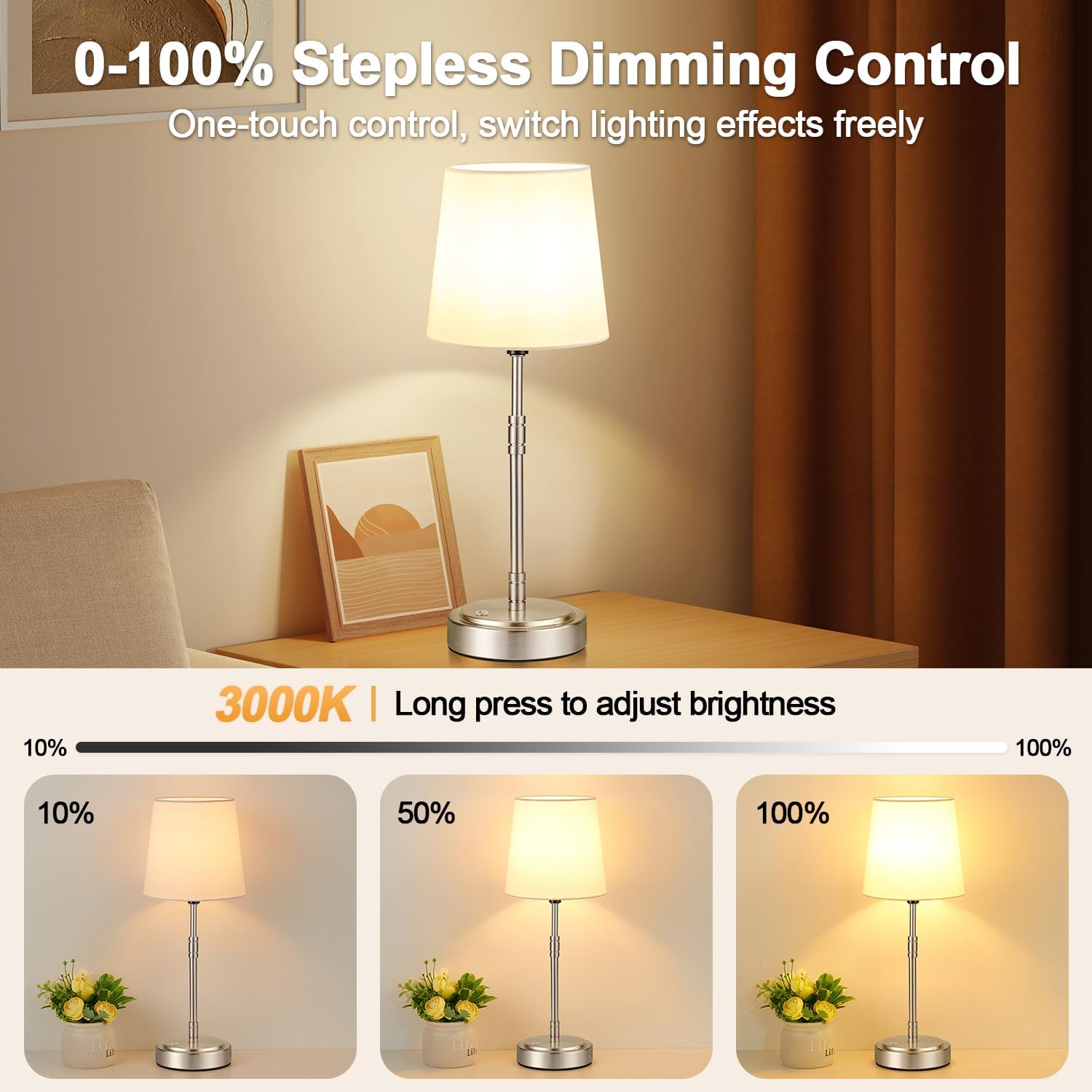 Cordless Table Lamps Set of 2 – Battery Operated Lamp with 7500mAh Rechargeable Battery, Stepless Dimmable Vintage Brushed Nickel Touch…
