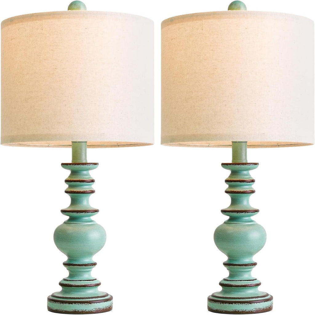 BOBOMOMO 20" Distressed Teal Bedside Lamps Set of 2, Hand-Painted Vintage Resin Lamps with Linen Shades, Cottage Farmhouse Lamp for…