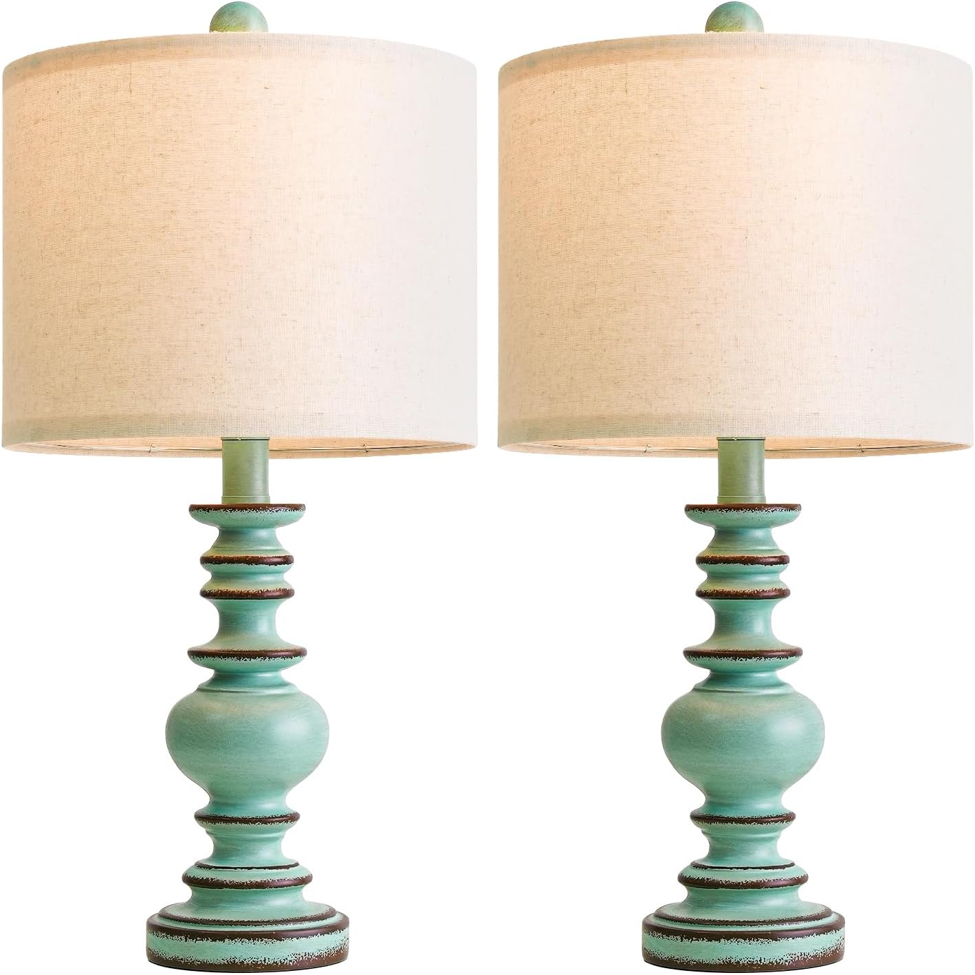 BOBOMOMO 20" Distressed Teal Bedside Lamps Set of 2, Hand-Painted Vintage Resin Lamps with Linen Shades, Cottage Farmhouse Lamp for…