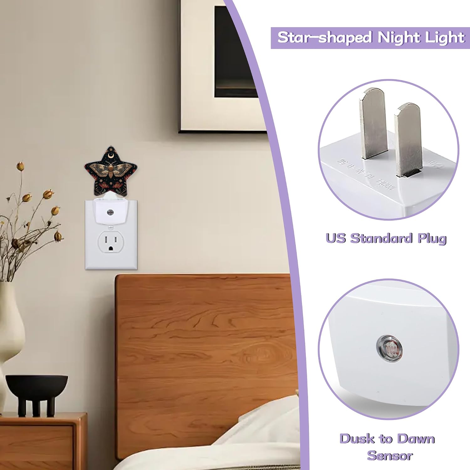 Black Poppy Moth Nightlights Plug in Wall, Mushroom Moon Decorative Star Lamp with Automatic Lighting for Living Space, Gentle Glow for…